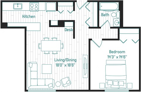Floor plan for 1 bed, 1 bath, 871 sqft